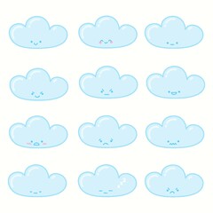 Set of vector emoji stickers. Emotions and moods of a blue cloud. A set of 12 cartoon objects.