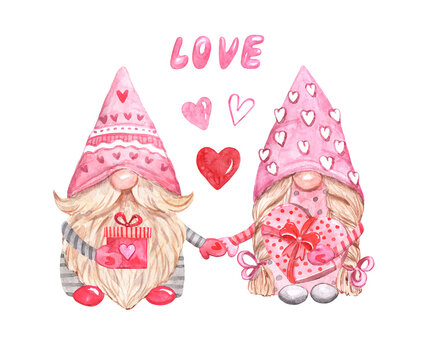 Watercolor Valentines day gnome illustration. Two cute gnomes in pink hats, with red gift boxes. Holiday card design, cartoon style painting.