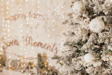 Beautiful Christmas home decor in white colours. Close up.