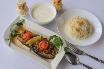 Traditional delicious Turkish food; Meat and Eggplant dish, (Turkish name; Karniyarik)