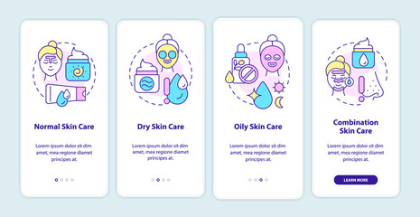 Skin types care onboarding mobile app screen. Beauty tips walkthrough 4 steps graphic instructions pages with linear concepts. UI, UX, GUI template. Myriad Pro-Bold, Regular fonts used