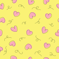 Seamless pattern with hand drawn hearts on yellow background. Line art doodle style. Valentine's, Mother's day, birthday card, wallpaper or wrapping paper design.