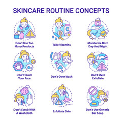 Skincare routine concept icons set. Cosmetological procedures for face. Beauty lifestyle idea thin line color illustrations. Isolated outline drawings. Roboto-Medium, Myriad Pro-Bold fonts used