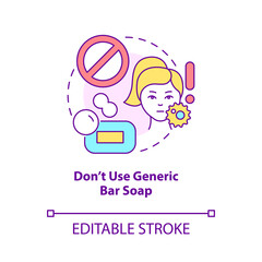 Dont use generic bar soap concept icon. Useless product. Skincare routine abstract idea thin line illustration. Isolated outline drawing. Editable stroke. Roboto-Medium, Myriad Pro-Bold fonts used