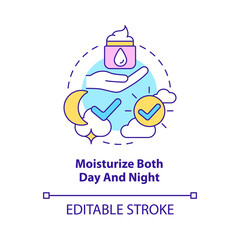Moisturize both day and night concept icon. Beauty tip. Skincare routine abstract idea thin line illustration. Isolated outline drawing. Editable stroke. Roboto-Medium, Myriad Pro-Bold fonts used