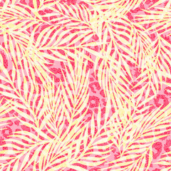 Palm leaves on leopard skin background, seamless tropical creative pattern 
