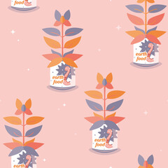 Vector Cheerful Retro Succulent Plant in Recycled Can in Vibrant Colors seamless pattern background. Perfect for fabric, scrapbooking and wallpaper projects.