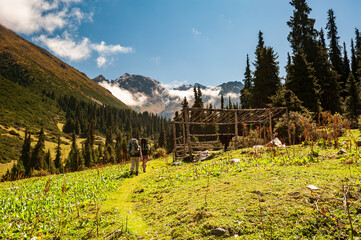 Trekking group of hikers in Karakol valley on trail to Ala Kul lake. Karakol valley, Issyk-kul...