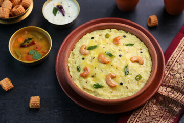 Ven Pongal Khara Pongal with Sambar coconut Chutney popular Indian breakfast food Tamil Nadu festival Pongal Sankranti Diwali spicy pongal prepared with rice lentil semolina rava South India Sri Lanka