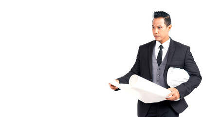 Portrait asian handsome man in suit architect , engineer and business holding blueprint paper and withe helmet construction on white background.