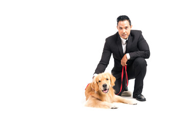 Portrait asian handsome man in suit with golden retriever dog on white background.