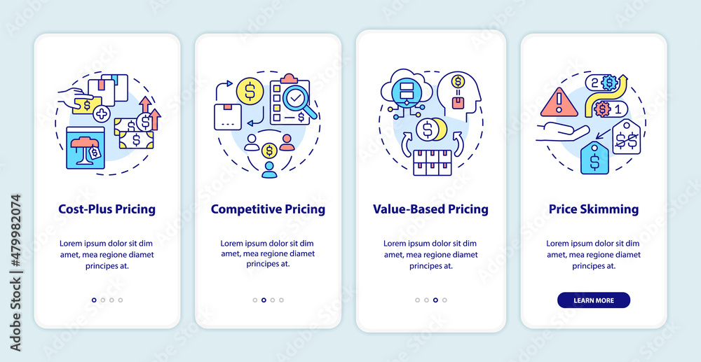 Poster pricing strategies onboarding mobile app screen. price skimming walkthrough 4 steps graphic instruct