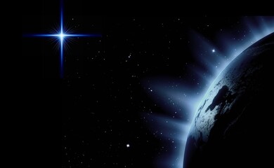 Star of jesus. Planet Earth on black background with bright star. Christmas Star of Jesus Christ.