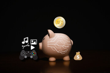 A picture of NFT token entering piggy bank with item that can sell in it. Create income with non fungible token and crypto art.