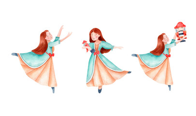 Watercolor Nutcracker Ballet. Girl with nutcracker