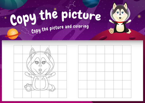 copy the picture kids game and coloring page with a cute husky dog in the space galaxy