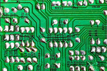 Macro Close up of printed wiring on PC circuit board..