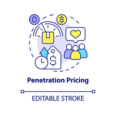 Penetration pricing concept icon. Marketing strategy abstract idea thin line illustration. Predatory pricing. Isolated outline drawing. Editable stroke. Roboto-Medium, Myriad Pro-Bold fonts used