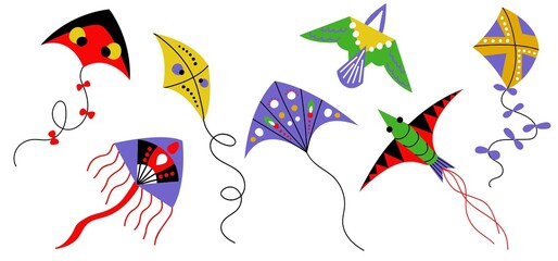 Set of colorful kites. Flying children toys with wings of a bird.  Vector illustration.