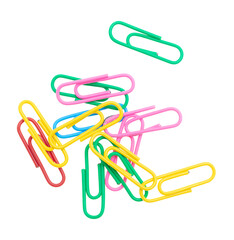 Multi-colored paper clips isolated on a white