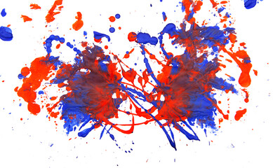 Drops of red and blue paint on a white background.