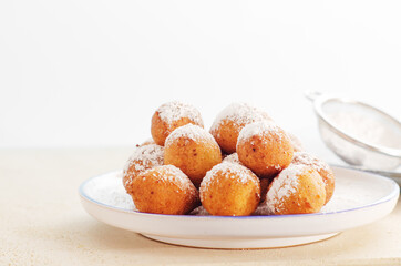 Italian carnival fritters dusted with powdered sugar. With free text space.