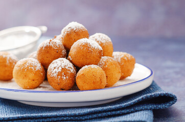 Italian carnival fritters dusted with powdered sugar. With free text space.