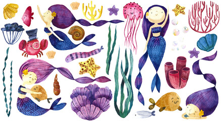 Handpainted cute raster watercolour illustration set of purple mermaids, seaweed, corals, crab, jellyfish, seashells, and fish.