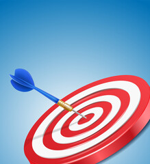 3d realistic icon. Red darts target with arrow on blue background, vertical position.