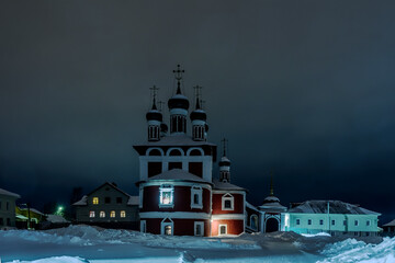 Temple of Smolensk Icon of the Mother of God in the ancient Russian city of Uglich.The Bogoyavlensky Monastery. Night view.