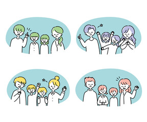 楽しく会話する四人家族のイラストセット