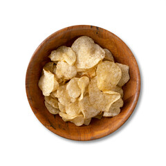 Potato chips on a wooden bowl isolated over white background