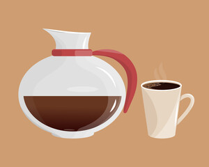 A cup of coffee and a pot of coffee. A kettle for pouring and coffee. Morning fresh drink. For restaurant and cafe menus, coffee shop design template. Vector illustration.