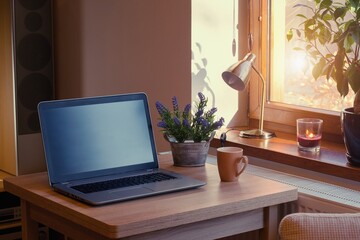 Home working place with laptop. Cozy home interior in the warm window light.