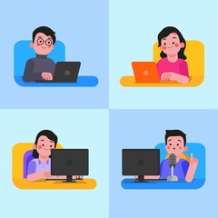 illustration of a freelancer in front of a computer while working in various jobs, some use a laptop as well as a computer