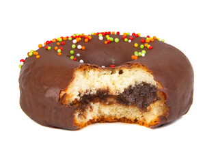 Chocolate glazed eaten donut isolated on the white