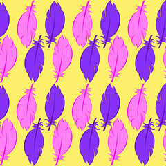 Hand drawn vector seamless pattern with painted bird feathers. Titled background.