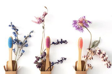 Colorful eco friendly bamboo toothbrushes with dried flowers. Zero wast wooden toothbrushes...