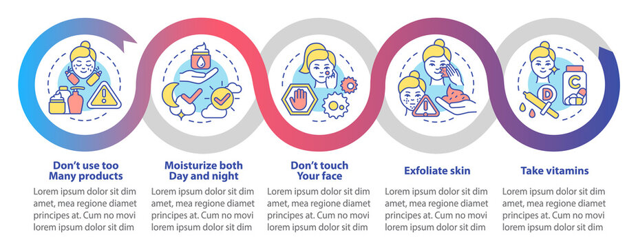 Skincare tips loop infographic template. Healthy procedure. Data visualization with 5 steps. Process timeline info chart. Workflow layout with line icons. Myriad Pro-Bold, Regular fonts used