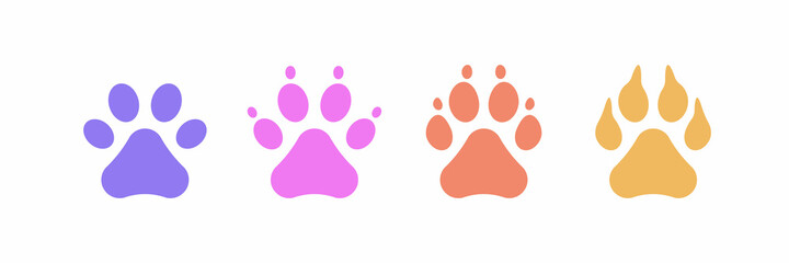 Set of different colored animal paw prints. Vector isolated illustration