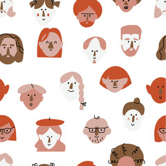 Vector illustration abstract people faces, funny characters. Different icons for social media story highlight and avatars. Seamless pattern.