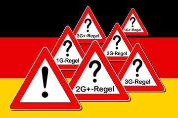 Corona Pandemie Schilder mit verschiedenen Coronaregeln in Deutschland Illustration  Schutzmaßnahmen 1G  2G  3G mit Deutscher Flagge - obrazy, fototapety, plakaty