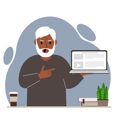 Screaming grandfather holding a laptop computer with one hand and pointing at it with the other. Laptop computer technology concept.
