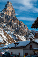 Fototapeta premium Passo Rolle and the Pale di San Martino. Dolomites in winter.