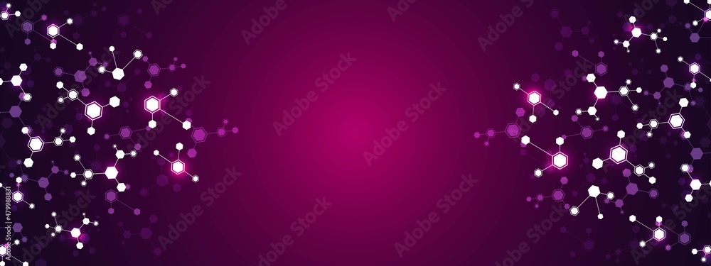 Poster abstract neon background frame. pattern of hexagons, cells connected by lines. digital network. plex