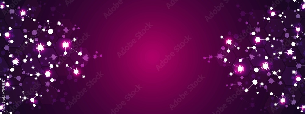 Poster abstract neon background frame. pattern of hexagons, cells connected by lines. digital network. plex