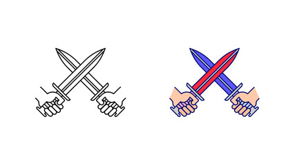 Crossed sword icon set. Red and blue team sword special collection linear icon set. Swords in hand fighting team. Upload the creative sword-fight encounter vector. Editable linear icon set.