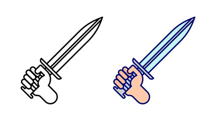 Raised sword icon set. Sword in victorious hand special collection linear icon set. Download the creative battle encounter related vector. Editable linear icon set.