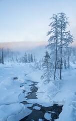 Snow covered landscape with trees and river.