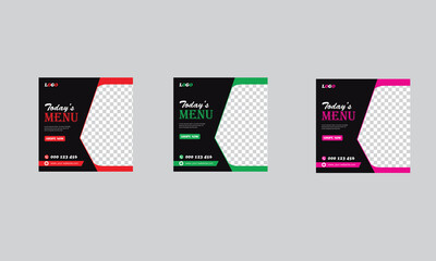 Food menu social media post layout in three different color